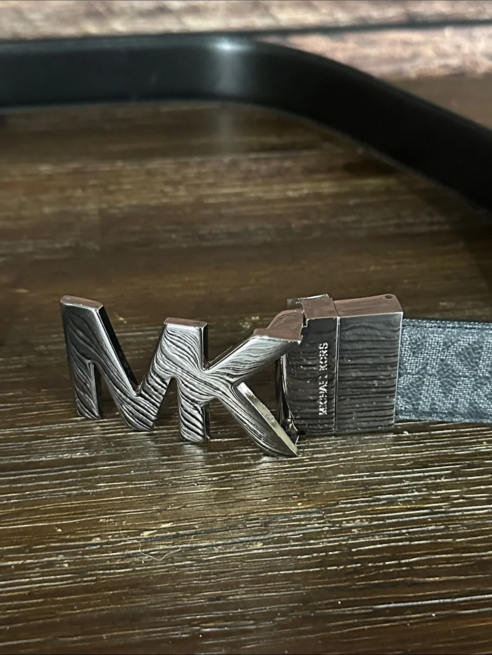 Michael Kors reversible Gray and Black Monogram Belt with Gunmetal MK Buckle